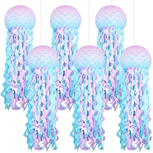 Quallen Papierlaternen, 6 Stück 25 cm Jellyfish Lampions, Meerjungfrau GeburtstagDeko, Kindergeburtstag Deko, Unterwasserwelt Hängedeko Lampions für Ozean Motto Party Raumdekoration