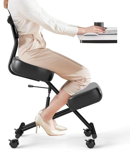 GIANTEX Sedia Ergonomica per Correzione Posturale con Schienale, 4 Ruote Bloccabili e Supporto per Ginocchia, Sedia da Lavoro con Seduta Regolabile, Carico Fino a 100 kg (con Schienale)