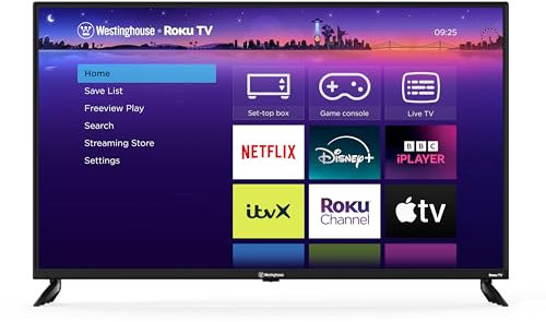 Westinghouse 43 Inch Smart TV 4K – UHD Roku TV with Freeview, Netflix, Apple TV+, BBC iPlayer, HDR, Dolby Audio, Voice Control, HDMI, USB – Smart TV for Living Room or Home Theatre [Energy Class F]
