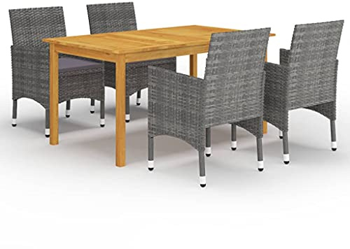 QJBSAVVA Garten-Essgruppe Grau 5-TLG. Massiv Akazienholz Esstisch 150x90x74 cm mit 4 PE-Rattan Sessel wetterfest Dunkelgrau für Balkon Terrasse und kleine Gärten