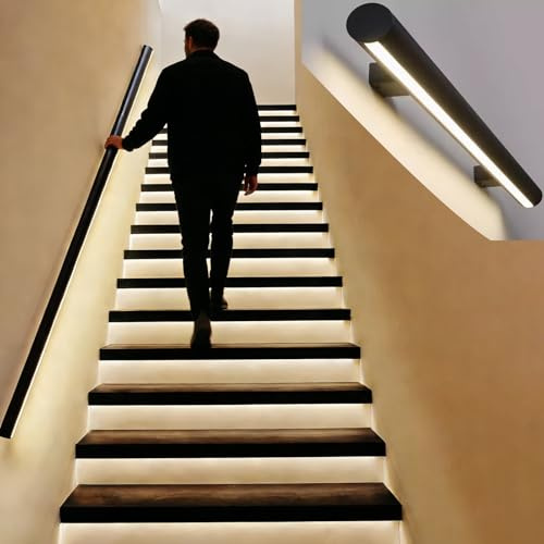 Jievmrs Kit Ringhiera per Scale da 91 122 183 211 610 cm per Interni, Corrimano per Scale Rotondo con Luce a LED con Sensore di Movimento, Corrimano per Scale(Right,8ft/244cm)