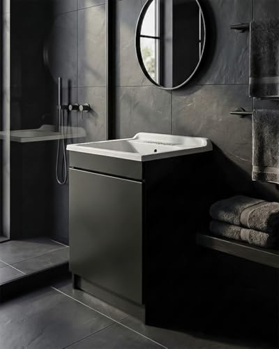 Arredamenti Delmar Mobile Lavatoio Nero 60x60 cm H85, sportello push, lavabo pilozzo in resina, Made in Italy, già montato per bagno/lavanderia