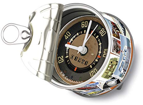 BRISA VW Collection - T1 Bulli Bus MyClock Tischuhr mit Magnet | Volkswagen Standuhr mit Konservendosen-Optik, Personalisierbar Batteriebetrieben Quarzuhrwerk Deko Retro, Briefmarken