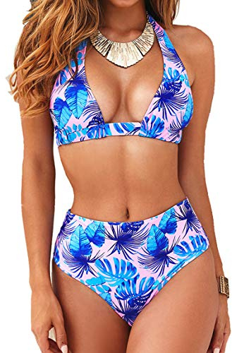 JFAN Costume da Bagno Donna a Vita Alta in Due Pezzi Stampa Floreale Bikini Halter Regolabile Costume da Bagno