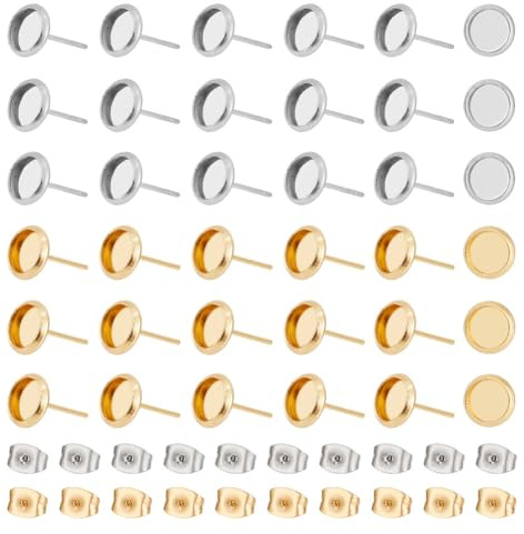 UNICRAFTALE 6mm Circa 40 Pezzi di Orecchino con Castone Rotondo con Dadi per Le Orecchie Spilla da 0.8 mm Color Oro e Acciaio Inossidabile con Ghiera in Acciaio Inossidabile Orecchino con Perno