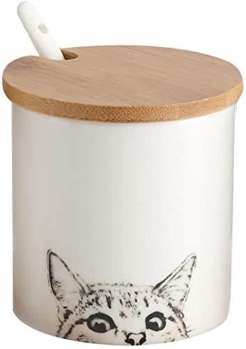 Zuckerdose aus Keramik, Cartoon-Katze, Gewürz- und Salzaufbewahrung mit Deckel, Löffel (weißB-1 Stück)