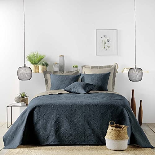 Douceur d'Intérieur, Couvre-Lit Matelassé (220 x 240 cm) Romane Bleu, Microfibre Unie