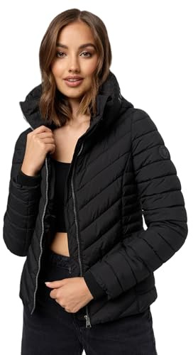 MARIKOO Damen Stepp Jacke gesteppte warme Übergangsjacke Kapuze B957 [B957-Kagom-Schwarz-Gr.L]