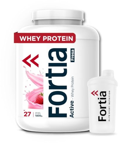 FORTIA Proteinas Whey 31 g por Batido | Proteína en Polvo Premium de Suero de Leche Sabor Fresa 1.8 kg | Whey Protein para Masa y Recuperación Muscular | Bajo en Grasa y Fácil Digestión
