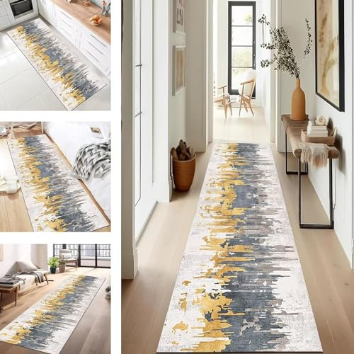 SUCERU Teppich Läufer Küchenteppich Flur Läufer Waschbar Küchenläufer 50X240CM Gold Blau rutschfest Outdoor Teppich Für Badezimmer Wohnzimmer Schlafzimmer Kinderzimmer Flur Läufer