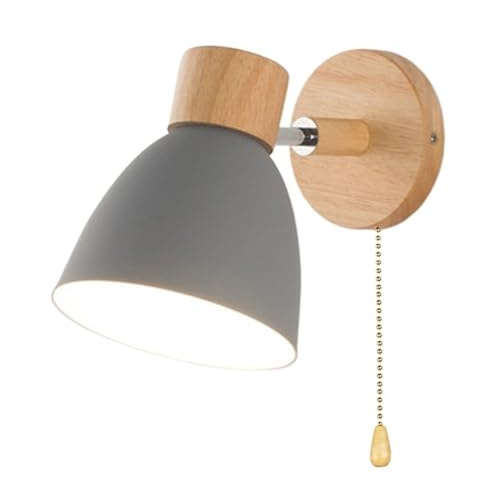 Lámpara de pared nórdica de madera con interruptor, candelabro de pared moderno for dormitorio, sala de estar, iluminación del hogar, macarrón, cabezal de dirección de 6 colores E27(Grey With Switch)