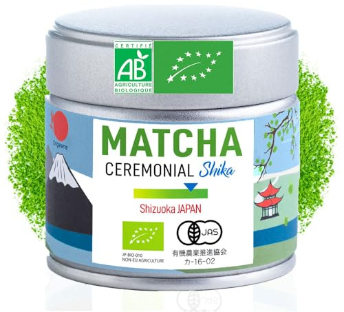 ORIGEENS ORGANIC CEREMONIAL GRADE MATCHA SHIKA - Japanese Matcha from Shizuoka - Latte/Usucha - Green Tea Powder Ceremonial Grade 30g Tin (Shika (tin))
