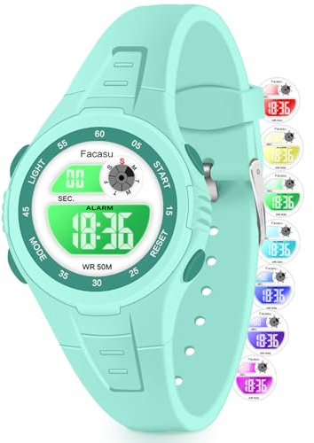 Facasu Kids Digital Watch for Boys Girls, Colorful Light 50M Waterproof Outdoor Sports Watch for Toddler Children with Stopwatch Alarm 12/24 H Functions - Kids Gifts for Boys Girls Ages 4-15 (Green)