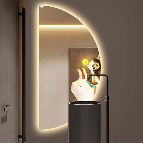 Specchio LED a Mezzaluna per Bagno, Specchio da Bagno retroilluminato 80×40 cm con luci, Specchio da Trucco a LED antiappannamento, specchi Intelligenti Irregolari con luci dimmerabili a 3 c