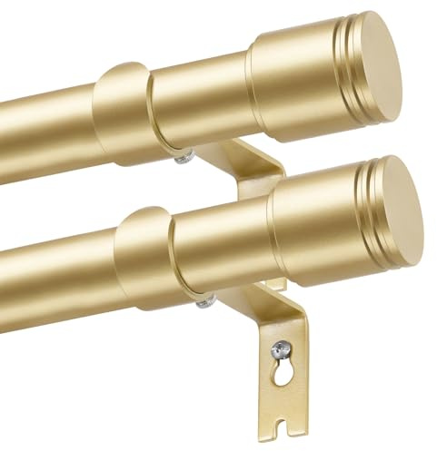 USFOOK 2 Stück Gardinenstange Gold 80 bis 218 cm, Vorhangstange Metall | 25 mm VerstellbareGardinenstange für Fenster, Vorhangstangen aus Metall, mit Zylindrischen Endstück, für Schlafzimmer