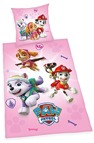 Herding PAW PATROL Bettwäsche-Set, Wendemotiv, Baumwolle/Renforcé, Deutsche Größe, Bettbezug 135 x 200 cm, Kopfkissenbezug 80 x 80 cm, Rose