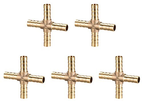 sourcing map Conector Manguera de Lengüeta, Racor Manguera Cruzado de Latón de 4 Vías, Púa de 8mm DI, Adaptador Manguera Tubo de Aire Gas Agua, 5 Piezas