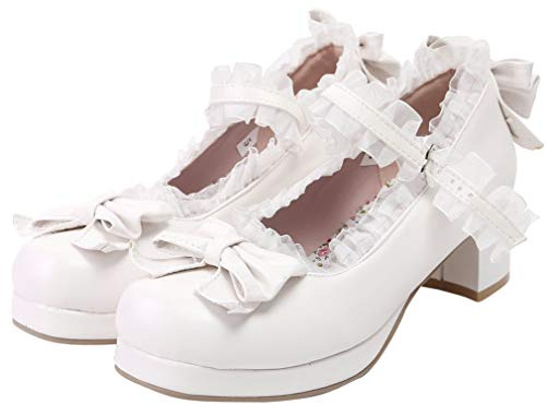 LUXMAX Women Kawaii Mid Block Heel Mary Jane Rockabilly Pumps with Bow Platform Chunky Heel Cute Sweet Shoes, Size 8.5 M US,White