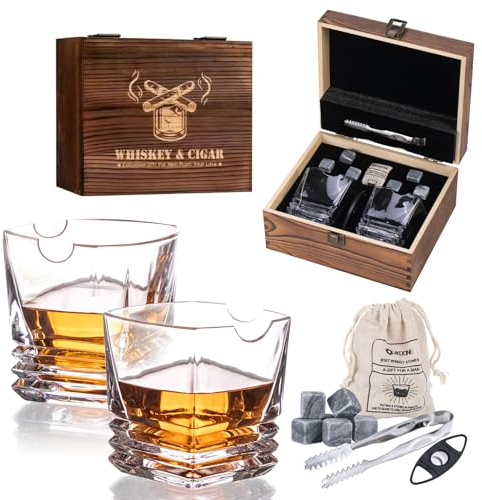 Juego de 2 vasos de whisky cuadrados de cristal antiguo, piedra de whisky, pinzas, bolsa de terciopelo y cortador, gran regalo para hombres, papá, marido, amante del whisky