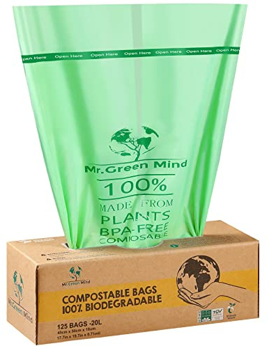 Mr. Green Mind ﻿Biomüllsäcke 20 Liter 125 Stück biologisch abbaubare Müllsäcke – 45 x 50 cm – 100% kompostierbare Müllsäcke – Inkl. Spender – Müllsäcke für Biomüll