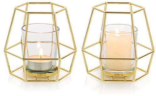 Nuptio Portavelas Geométricos Dorados - 2 Piezas Candelabros para Velas Pilar con Portavelas Vidrio Votivo Juego Candelabro Luz Té Centro Mesa para Decoración Hogar Repisa de la Fiesta de Bodas