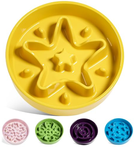LE TAUCI Keramik Antischlingnapf Hunde Mittel, 675 ml Stern Gelb | 20 cm, Verlangsamt das Fressen, Anti-Wuergen, spuelmaschinenfest, Rutschfest, Langlebig, fuer Mittelgrosse und Kleine Hunde