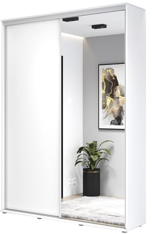 Meble Slupia - Garderobenschrank - Kleiderschrank mit Spiegel und Schiebetüren - 150x242x45 cm - Kleider Schrank Schlafzimmer mit Kleiderstange - ZUZA 01 Weiß, Griff