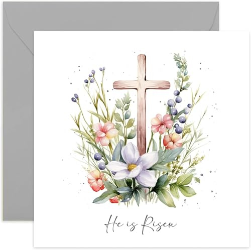 Religiöse Osterkarten für Familie – Frohe Ostern Grußkarte mit floralem christlichem Kunstwerk – Bibelvers Osterkarte – He is Risen Karte – besondere religiöse Osterkarte | Innenseite unbeschriftet