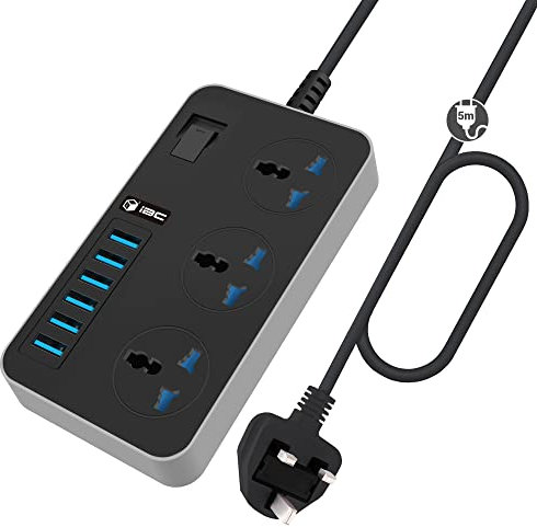 Universal/UK Power Strips 3 Way Outlets 6 (3.1A) USB Ports, Surge Protection Socket Switch Portable Charger 5M (16.4FT) UK Plug Wall Adapter Cord, Fuse & Shutter Extension Lead (Deep Black)