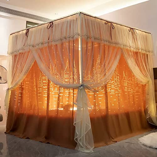 Betthimmel mit 4 Eckpfosten, durchbrochenes Design, Doppellagiges, Elegantes Vorhangnetz für Doppelbetten/Queensize-/Kingsize-Betten – 4 zu öffnende Betthimmelvorhänge