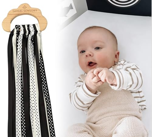 Samuel Sensory Toys Cloud Ribbon Babyspielzeug, 0-3 Monate, aus Buchenholz und weichem Ripsband und Satinband, kontrastreiches Babyspielzeug und Bauchzeit-Spielzeug, Schwarz und Weiß
