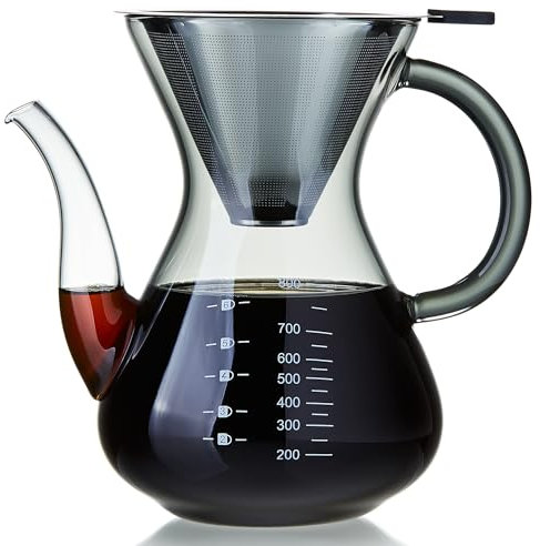 MESNEY, Caffettiera Pour Over in Vetro Borosilicato 34 oz – Filtro Riutilizzabile in Acciaio Inox, Resistente al Calore, BPA-Free – Caffettiera Manuale Ecologica per Fornelli, Anti-Goccia, nero