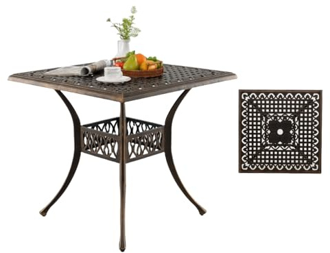 KOMFOTTEU Fyrkantigt trädgårdsbord med 4,8 cm paraplyhål, balkongbord med justerbara fötter, bistrobord av gjuten aluminium, matbord för balkong, terrass, trädgård, 80 x 80 x 75 cm