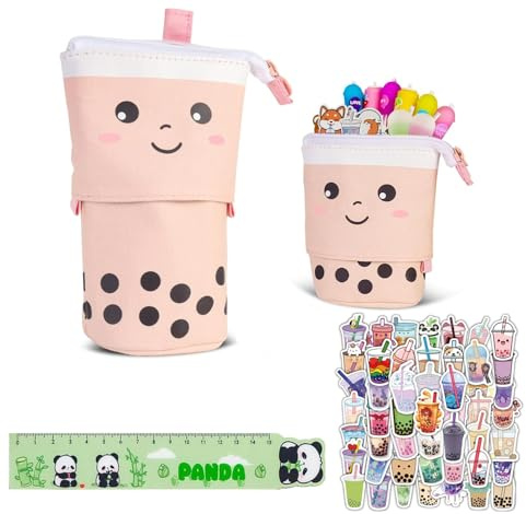 Feegela 2-in-1 Schlampermäppchen und Stifteköcher, Teleskopisch, Rosa | Pop-Up Bleistifthalter, Große Kapazität, Mit Cartoon Kuscheltier und Sticker, Für Büro und Schule, Für Junge und Mädchen