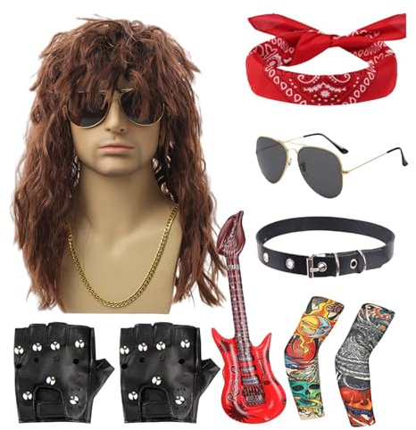 Paodduk Rocker Costume Men, Heavy Metal Cosplay Outfit, Punk Rocker Costume with Wig Sunglasses for Men Women Outdoor Stage Performance Halloween Musical Festival Party