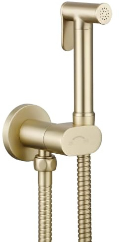 Round Brushed Brass Bidet Douche Kit - Cold ONLY - with Shut-Off Valve & Hose – Heavy Duty Premium Brass Bidet Spray, 1.5m Hose & Built in Isolator