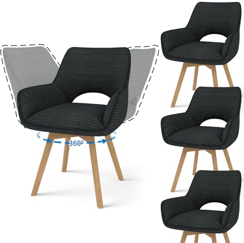JIJIAN 4er Set Esszimmerstuhl Drehbar mit Armlehne und Holzbeinen, 360° Drehbar, Moderner Polsterstuhl mit Stoffrückenlehne für Küche, Wohnzimmer, Schlafzimmer, Schwarz