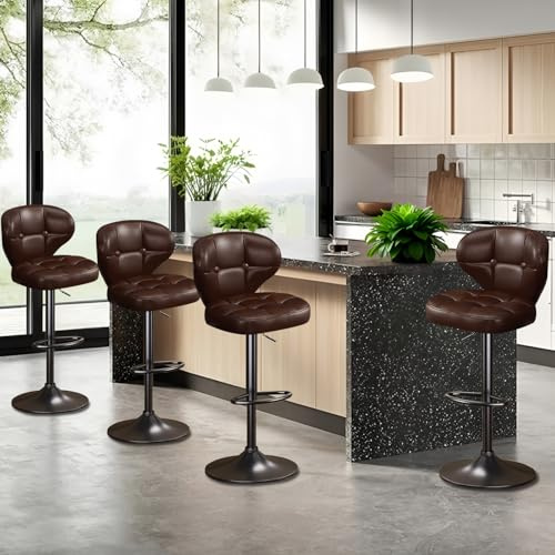 Walktory Bar Stools Set of 4, Adjustable Swivel Bar Chairs with 360° Rotation, Padded Counter Stools with Back and Footrest for Kitchen Island, Bistro, Cafe, and Home Use Brown-4PCS