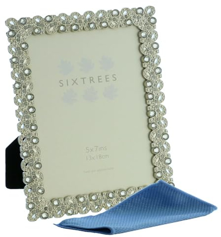 Sixtrees Beatrice Antique Vintage Shabby Chic silver metal photo frames with beads and crystals for a 7 x 5 picture. Includes our microfibre polishing cloth.