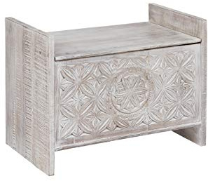Woodkings® Sitzbank Mackay, Mangoholz massiv, Flurmöbel Vintage weiß, Schuhschrank, Truhe, Holzbank mit Schnitzereien