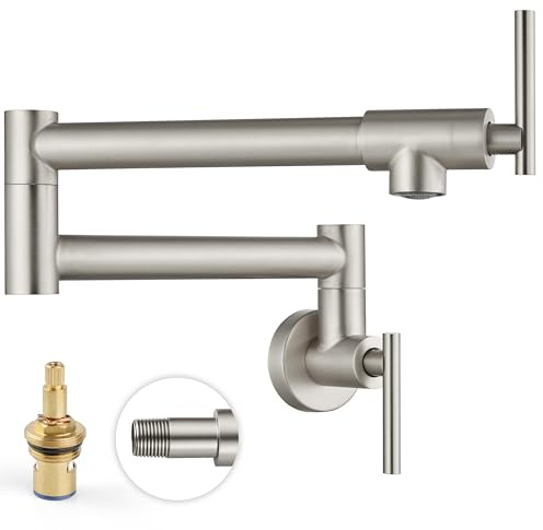 Cinwiny Gebürsteter Nickel Topffüller Wandhalterung Küche Restaurant Spüle Wasserhahn Edelstahl Dehnbarer kommerzieller Wasserhahn mit klappbarem Doppelgelenk Schwingarm Einloch Zwei Griffe