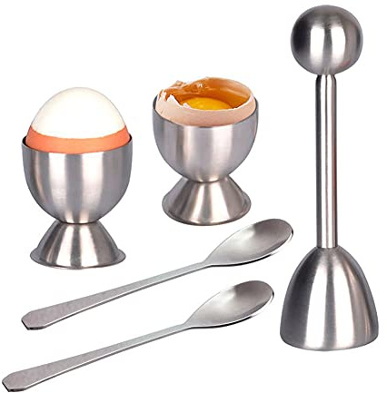 Lichi 2 Egg Cup Holders, 2 Egg Epoons and 1 Egg Topper, Stainless Steel Soft Boiled Egg Cup Tableware Egg Cup Storage Holder for Restaurant, Home, Kitchen