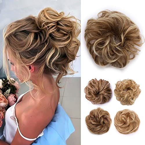 TESS Haargummi mit Haaren Haarteil Dutt Blond mix Gewellt Kleine Haarknoten Hochsteckfrisuren günstig Haarverlängerung Extensions für Frauen 30g Ombre Honigblond/Blond