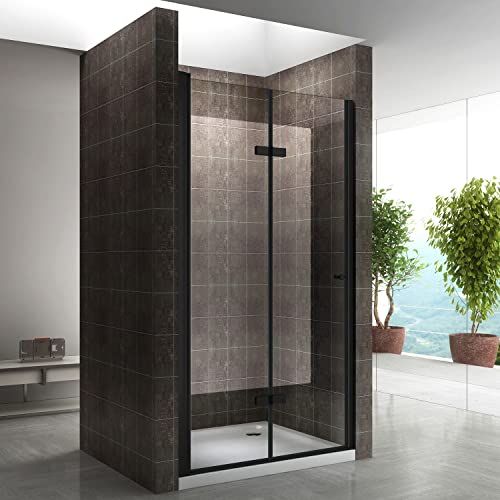 MONABLACK Porte de douche noire pliante pivotante H 195 cm largeur réglable de 96 à 100 cm verre transparent