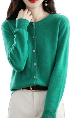 DJFOG Cardigan in cashmere da donna, cardigan in cashmere 2024 con bottoni sul davanti, a maniche lunghe, morbido e caldo, maglione elastico in maglia (smeraldo, L)
