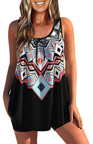 Tankini Damen, Sexy Outfit Für Damen Tankini Damen Bauchweg Push Up Tankini Bathing Suits for Women with Shorts Sommer Elegant Tankini Set Damen Bauchweg Zweiteilig Badeanzug (A17,5XL)