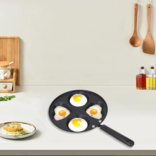 JOROBURO Poêle à œufs, Poêle à œufs Antiadhésive à Chauffage Rapide, Poêle à Crêpes en Fer avec Poignée, Poêle à œufs Antiadhésive, Poêle à œufs au Plat, Poêle à(Forme Coeur Noir 4 Tasses)