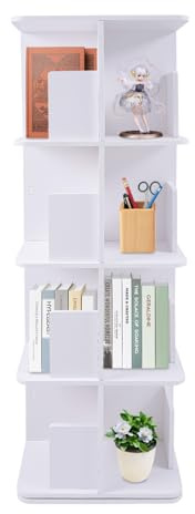 SuhoFutus Drehbares Bücherregal, 4 -Stöckiges Stehendes Bücherregal, 360 Grad Drehbares Lagerregal für Kinder und Erwachsene, Multifunktionales Bücherregal 40 × 40 × 128.3 cm (Weiß)