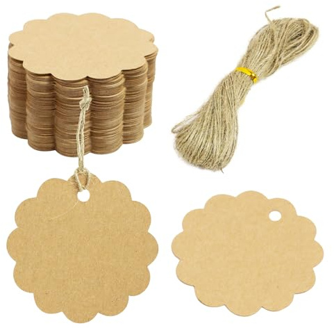 Mewflew Lote de 100 etiquetas de regalo de papel kraft para escribir + 20 m de cuerda de yute - Tarjetas de papel kraft - Etiquetas redondas en forma de estrella de yute para Navidad, regalos y