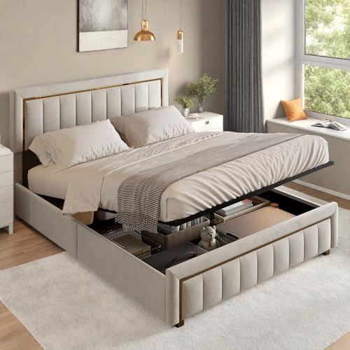 BRILVERDE Polsterbett 140x200 cm Doppelbett mit Goldfaser-Einfassung, Hydraulisch Stauraumbett, Jugendbett mit kopfteil und Lattenrost, Bettgestell für Erwachsene, Samt (Beige, 140 x 200 cm)